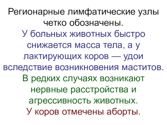 Регионарные лимфатические узлы четко обозначены. У больных животных быстро снижается масса