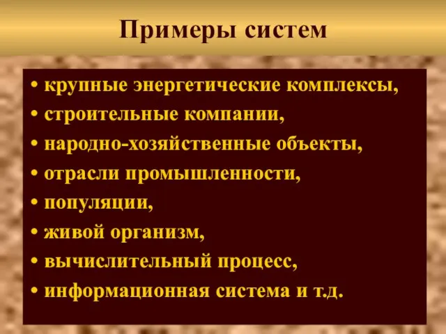 Примеры систем крупные энергетические комплексы, строительные компании, народно-хозяйственные объекты, отрасли промышленности,