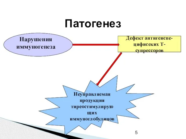 Патогенез Нарушения иммуногенеза Дефект антигенспе- цифисеких Т-супрессоров Неуправляемая продукция тиреостимулирующих иммуноглобулинов