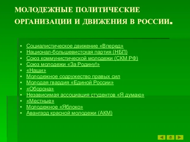 МОЛОДЕЖНЫЕ ПОЛИТИЧЕСКИЕ ОРГАНИЗАЦИИ И ДВИЖЕНИЯ В РОССИИ. Социалистическое движение «Вперед» Национал-большевистская