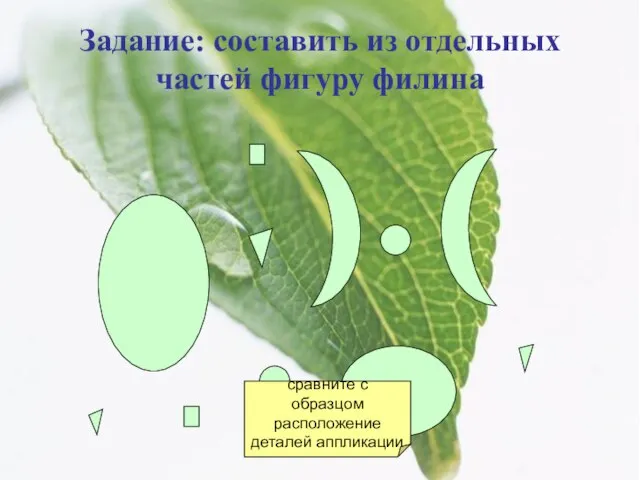 Задание: составить из отдельных частей фигуру филина сравните с образцом расположение деталей аппликации