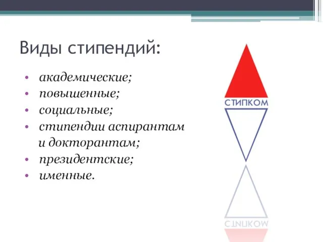 Виды стипендий: академические; повышенные; социальные; стипендии аспирантам и докторантам; президентские; именные.