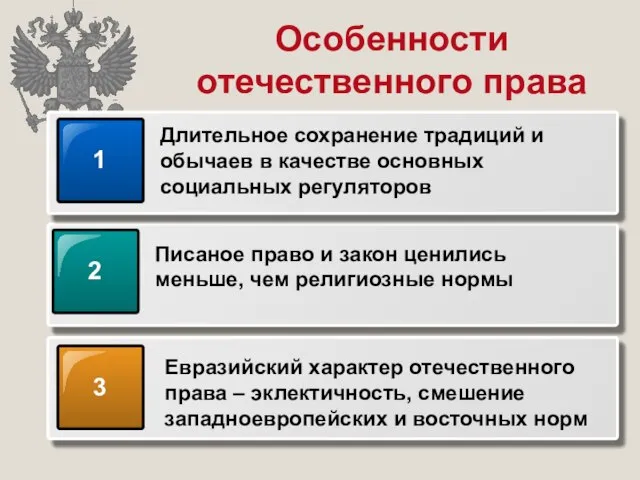 Особенности отечественного права 1 Длительное сохранение традиций и обычаев в качестве