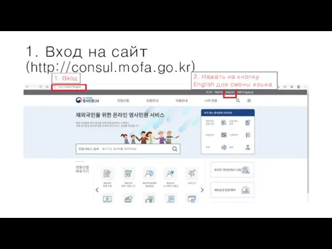 1. Вход на сайт (http://consul.mofa.go.kr) 1. Вход 2. Нажать на кнопку English для смены языка