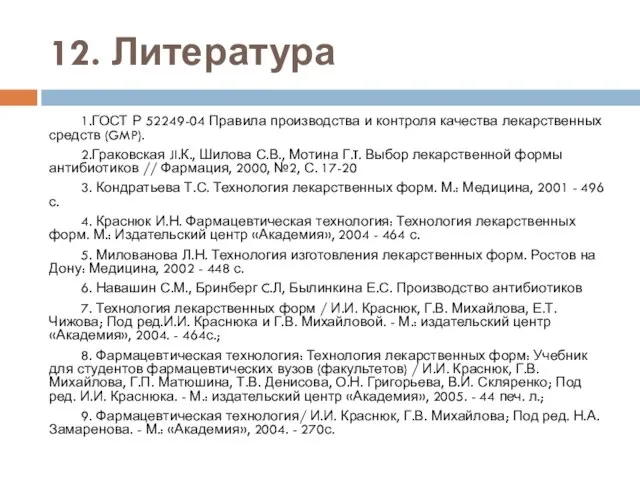 12. Литература 1.ГОСТ Р 52249-04 Правила производства и контроля качества лекарственных