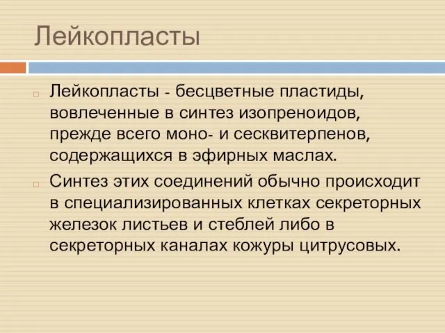 Лейкопласты Лейкопласты - бесцветные пластиды, вовлеченные в синтез изопреноидов, прежде всего