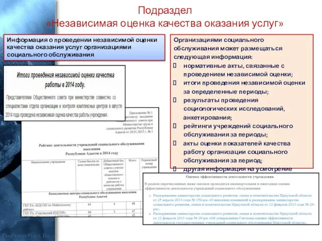 Подраздел «Независимая оценка качества оказания услуг» Информация о проведении независимой оценки