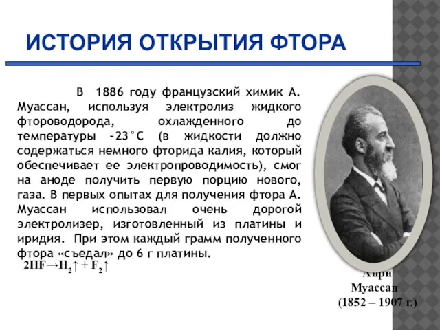 ИСТОРИЯ ОТКРЫТИЯ ФТОРА В 1886 году французский химик А. Муассан, используя