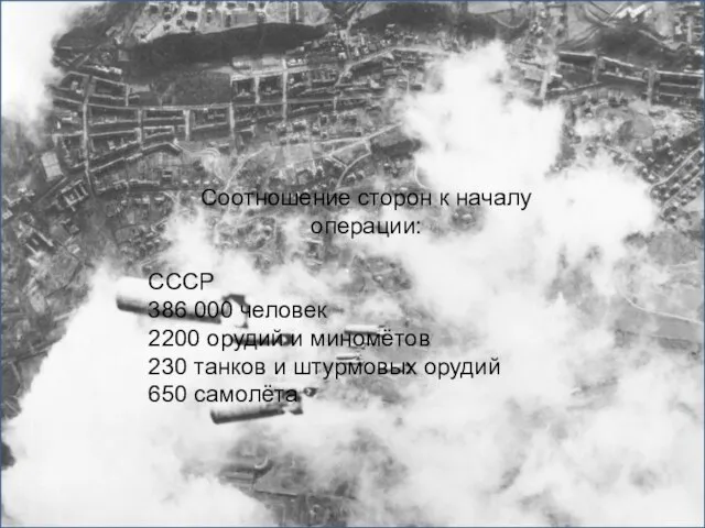 Соотношение сторон к началу операции: СССР 386 000 человек 2200 орудий