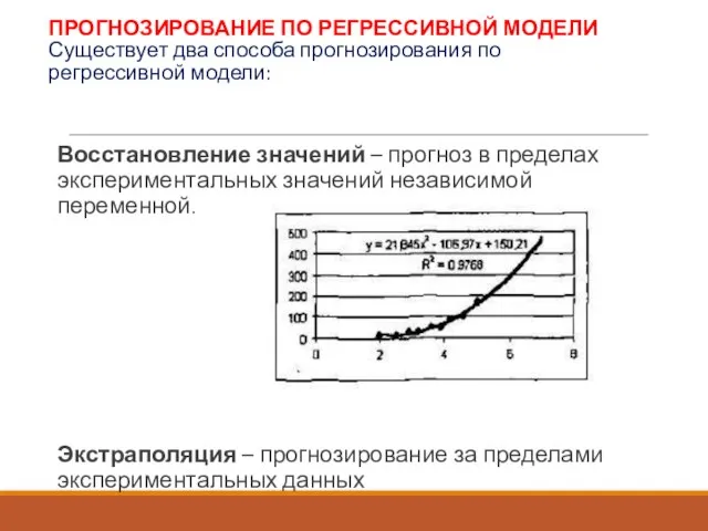 ПРОГНОЗИРОВАНИЕ ПО РЕГРЕССИВНОЙ МОДЕЛИ Существует два способа прогнозирования по регрессивной модели: