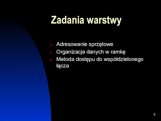 Zadania warstwy Adresowanie sprzętowe Organizacja danych w ramkę Metoda dostępu do współdzielonego łącza