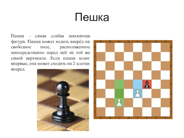 Пешка Пешка - самая слабая шахматная фигура. Пешка может ходить вперёд