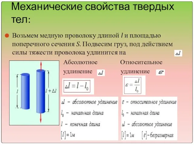 Механические свойства твердых тел: Возьмем медную проволоку длиной l и площадью