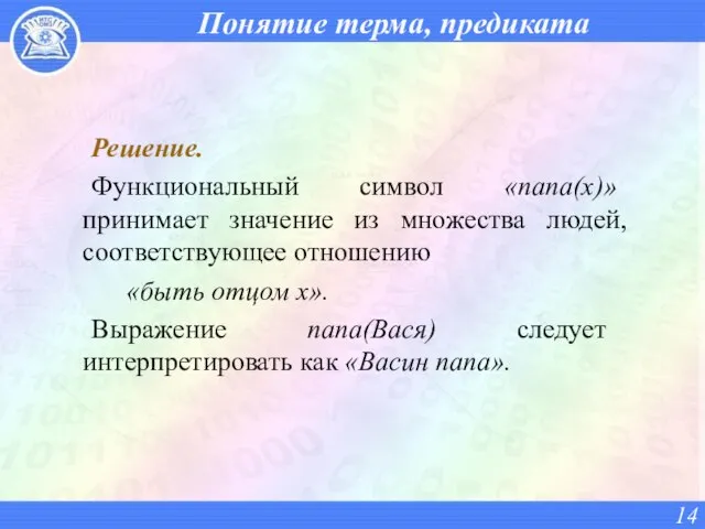 Понятие терма, предиката Решение. Функциональный символ «папа(х)» принимает значение из множества