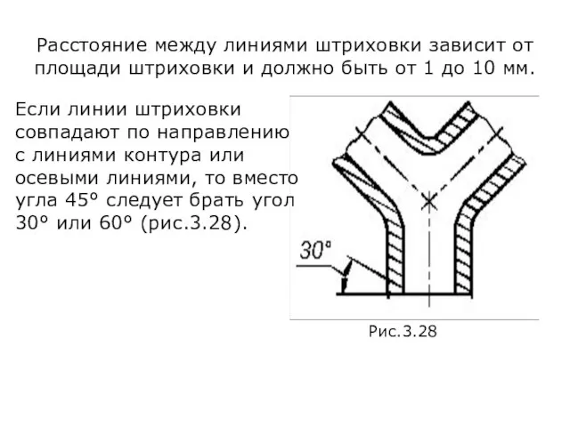 Рис.3.28 Расстояние между линиями штриховки зависит от площади штриховки и должно