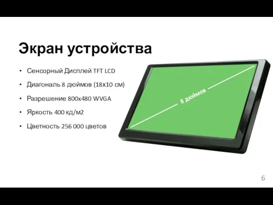 Экран устройства Сенсорный Дисплей TFT LCD Диагональ 8 дюймов (18х10 см)