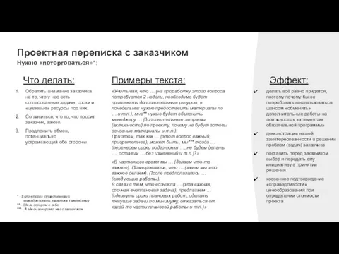 Проектная переписка с заказчиком Нужно «поторговаться»*: Примеры текста: Что делать: Эффект: