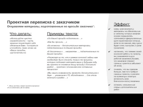 Проектная переписка с заказчиком Отправляем материалы, подготовленные по просьбе заказчика*: Примеры