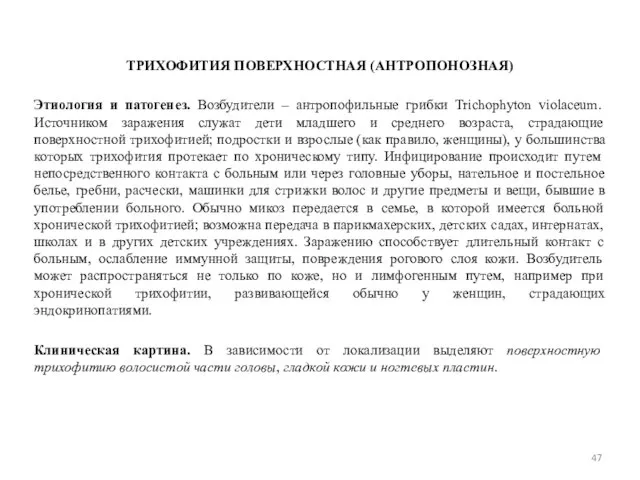 ТРИХОФИТИЯ ПОВЕРХНОСТНАЯ (АНТРОПОНОЗНАЯ) Этиология и патогенез. Возбудители – антропофильные грибки Trichophyton