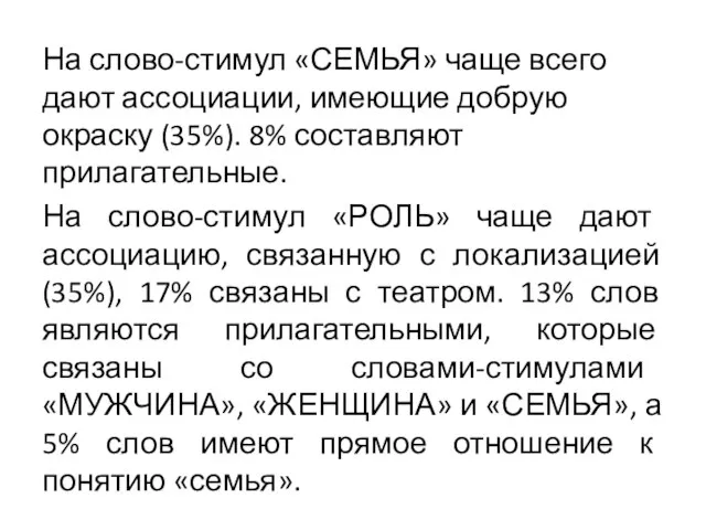 На слово-стимул «СЕМЬЯ» чаще всего дают ассоциации, имеющие добрую окраску (35%).