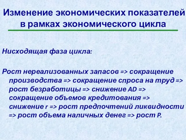 Изменение экономических показателей в рамках экономического цикла Нисходящая фаза цикла: Рост