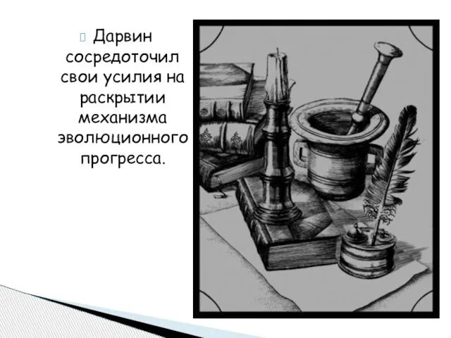 Дарвин сосредоточил свои усилия на раскрытии механизма эволюционного прогресса.