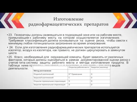 Изготовление радиофармацевтических препаратов 23. Генераторы должны размещаться в подходящей зоне или