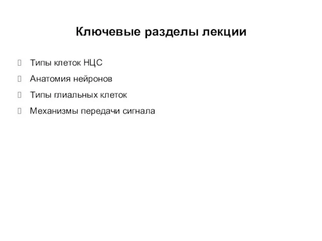 Ключевые разделы лекции Типы клеток НЦС Анатомия нейронов Типы глиальных клеток Механизмы передачи сигнала