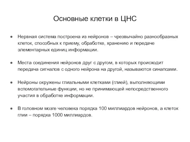 Основные клетки в ЦНС Нервная система построена из нейронов – чрезвычайно