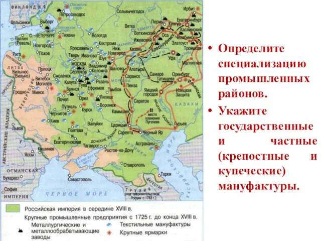 Определите специализацию промышленных районов. Укажите государственные и частные (крепостные и купеческие) мануфактуры.