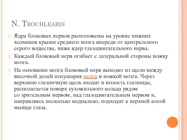 N. Trochlearis Ядра блоковых нервов расположены на уровне нижних холмиков крыши