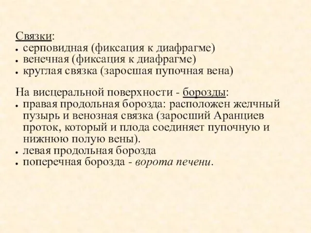 Связки: серповидная (фиксация к диафрагме) венечная (фиксация к диафрагме) круглая связка