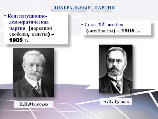 ЛИБЕРАЛЬНЫЕ ПАРТИИ Союз 17 октября (октябристы) – 1905 г. Конституционно- демократическая