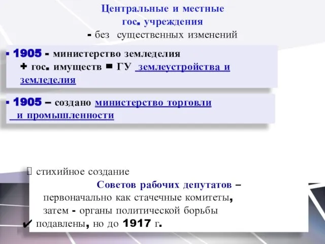 Центральные и местные гос. учреждения - без существенных изменений 1905 -