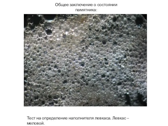 Общее заключение о состоянии памятника: Тест на определение наполнителя левкаса. Левкас – меловой.