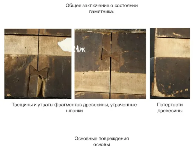 Общее заключение о состоянии памятника: Основные повреждения основы Трещины и утраты