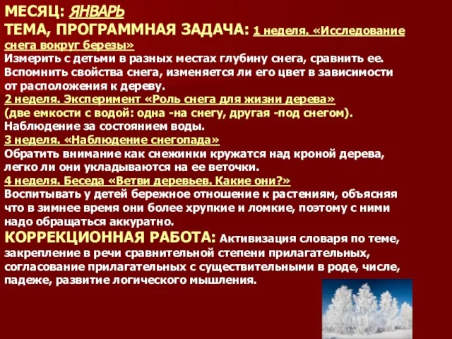 МЕСЯЦ: ЯНВАРЬ ТЕМА, ПРОГРАММНАЯ ЗАДАЧА: 1 неделя. «Исследование снега вокруг березы»