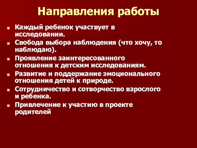 Направления работы Каждый ребенок участвует в исследовании. Свобода выбора наблюдения (что