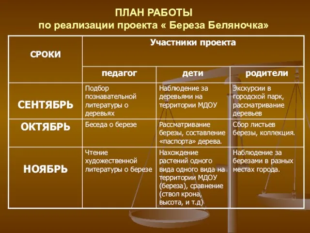 ПЛАН РАБОТЫ по реализации проекта « Береза Беляночка»