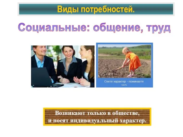 Виды потребностей. Социальные: общение, труд Возникают только в обществе, и носят индивидуальный характер.