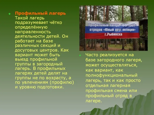 Профильный лагерь Такой лагерь подразумевает чётко определённую направленность деятельности детей. Он