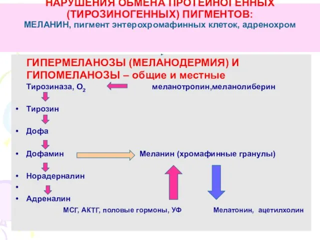 НАРУШЕНИЯ ОБМЕНА ПРОТЕИНОГЕННЫХ (ТИРОЗИНОГЕННЫХ) ПИГМЕНТОВ: МЕЛАНИН, пигмент энтерохромафинных клеток, адренохром ГИПЕРМЕЛАНОЗЫ