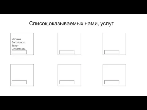 Список,оказываемых нами, услуг Иконка Заголовок Текст Стоимость