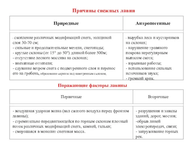 Причины снежных лавин Поражающие факторы лавины