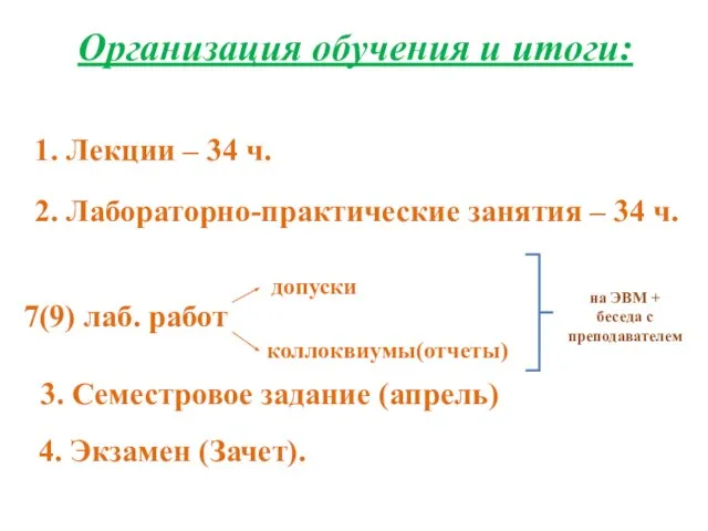 Организация обучения и итоги: допуски 3. Семестровое задание (апрель) 2. Лабораторно-практические