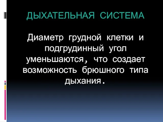 ДЫХАТЕЛЬНАЯ СИСТЕМА Диаметр грудной клетки и подгрудинный угол уменьшаются, что создает возможность брюшного типа дыхания.