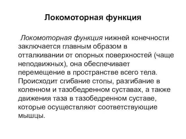 Локомоторная функция Локомоторная функция нижней конечности заключается главным образом в отталкивании