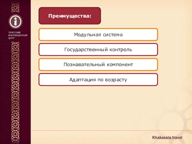 Государственный контроль Преимущества: Модульная система Познавательный компонент Адаптация по возрасту