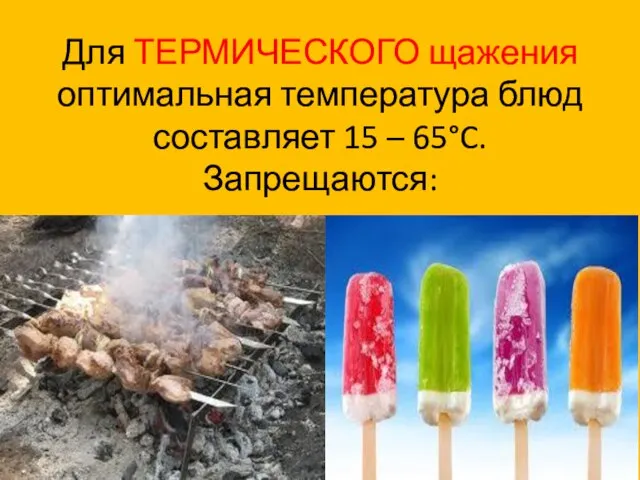 Для ТЕРМИЧЕСКОГО щажения оптимальная температура блюд составляет 15 – 65°C. Запрещаются: