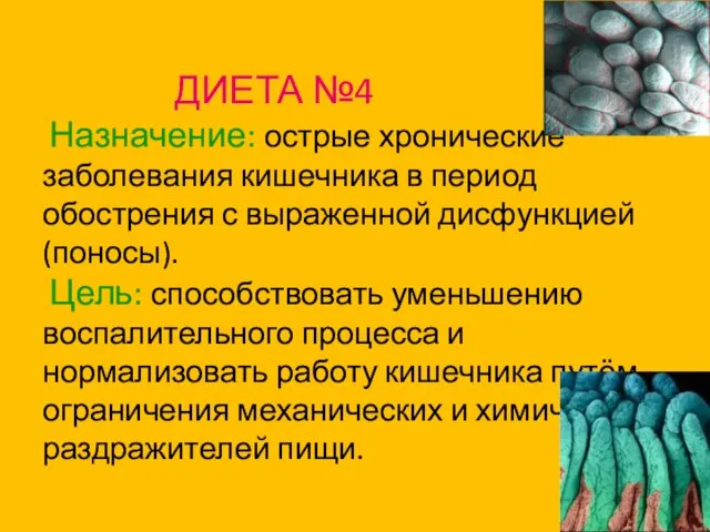 ДИЕТА №4 Назначение: острые хронические заболевания кишечника в период обострения с